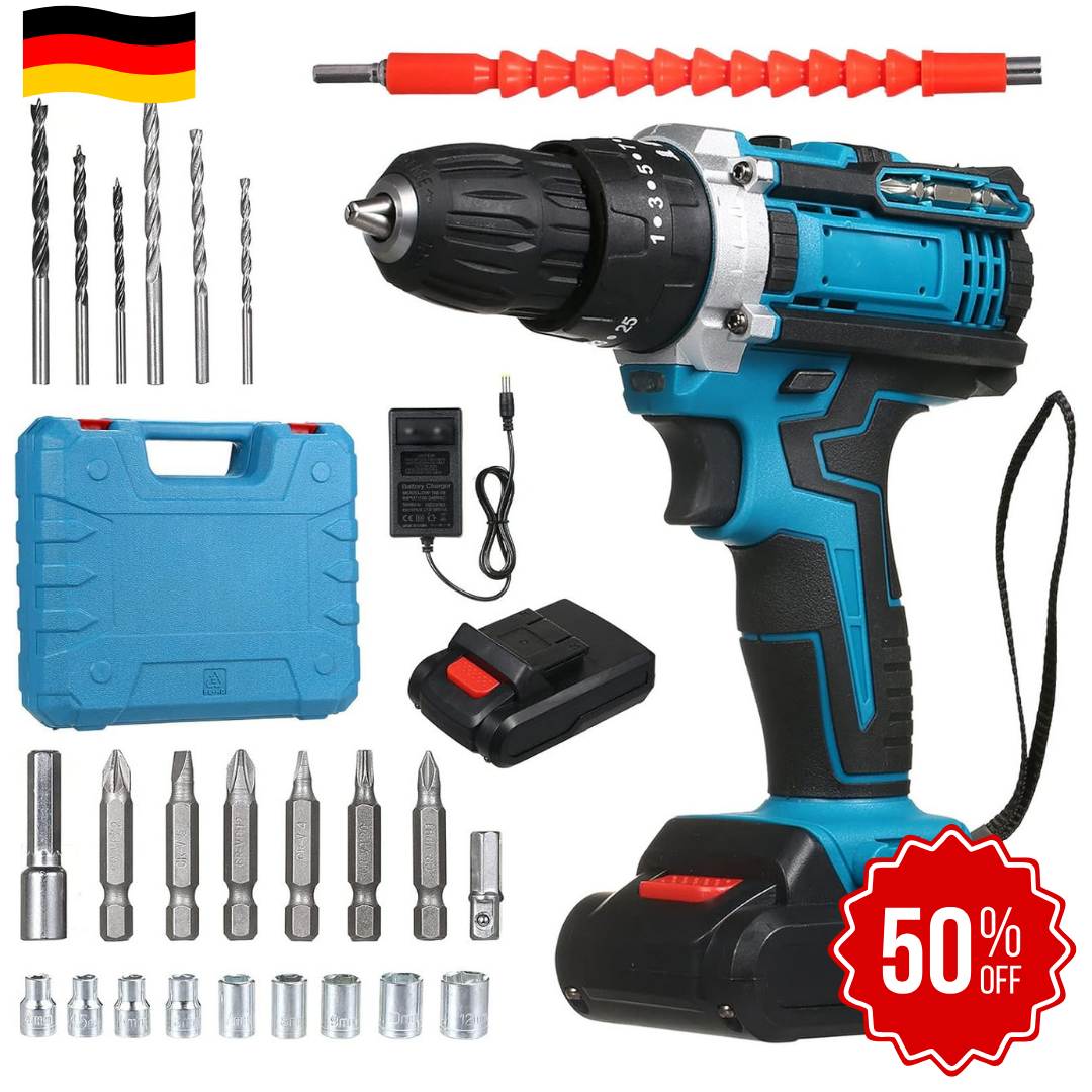 DrillMaster | Bormașină Electrică cu Impact și Baterie (Kit complet german)