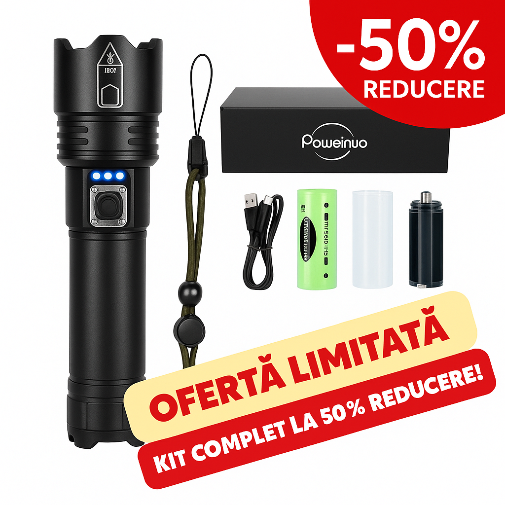 Set Lanternă Tactică cu Laser GERMANĂ + Cutie + Baterie Extra Gratuită – TitanLux™