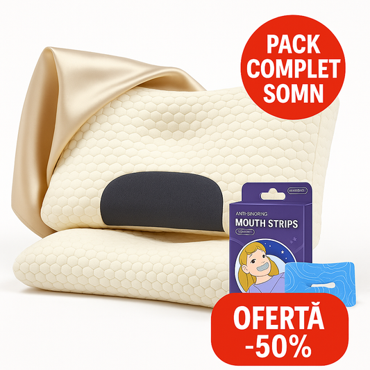 Pachet Pernă Viscoolastică Ergonomică + Husă din Mătase + Plasturi Anti-Sforăit – ViscoPro™
