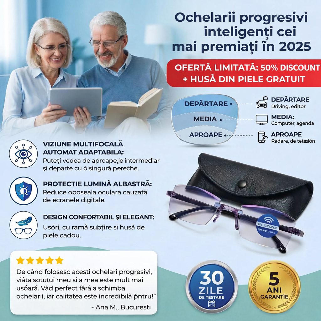 Ochelari Progresivi Inteligenți Ray™ (Vedere clară de aproape, intermediară și la distanță într-o singură pereche) Fără dioptrii | Husă din piele inclusă | 30 de zile de testare garantată