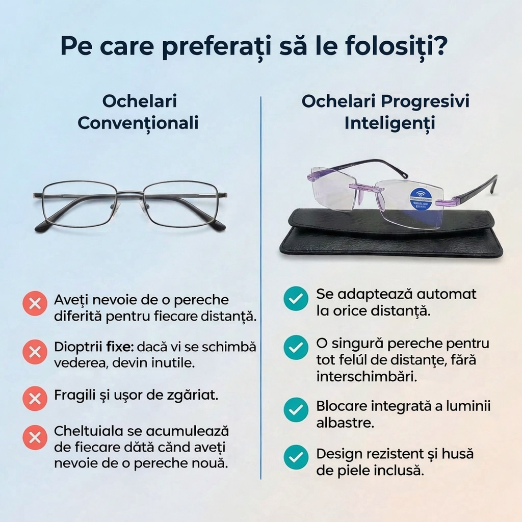 Ochelari Progresivi Inteligenți Ray™ (Vedere clară de aproape, intermediară și la distanță într-o singură pereche) Fără dioptrii | Husă din piele inclusă | 30 de zile de testare garantată