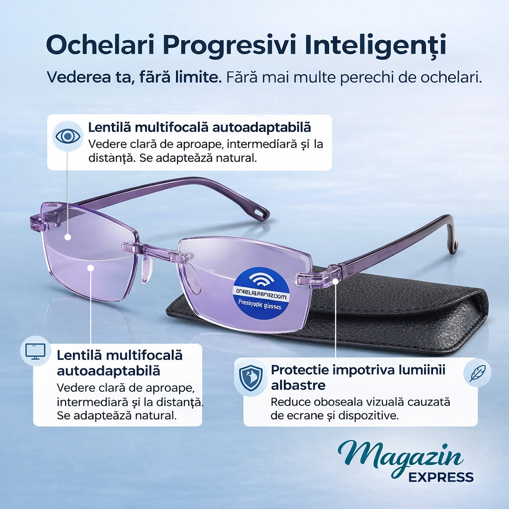 Ochelari Progresivi Inteligenți Ray™ (Vedere clară de aproape, intermediară și la distanță într-o singură pereche) Fără dioptrii | Husă din piele inclusă | 30 de zile de testare garantată